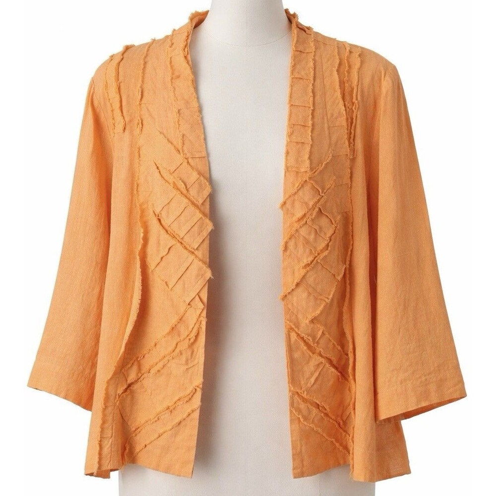 Chico’s 2 (US L) Orange Linen Open Front Jacket Frayed Trim 3/4 Sleeve Boho